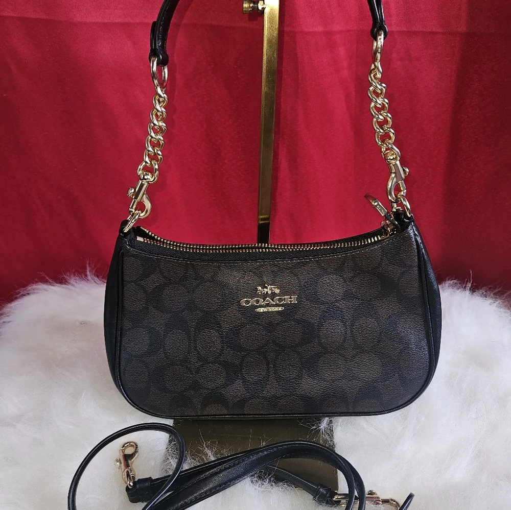 Coach Teri  2 Way Signature  Shoulder Bag with Monogram Pattern Dark Brown - Picture 2 of 8